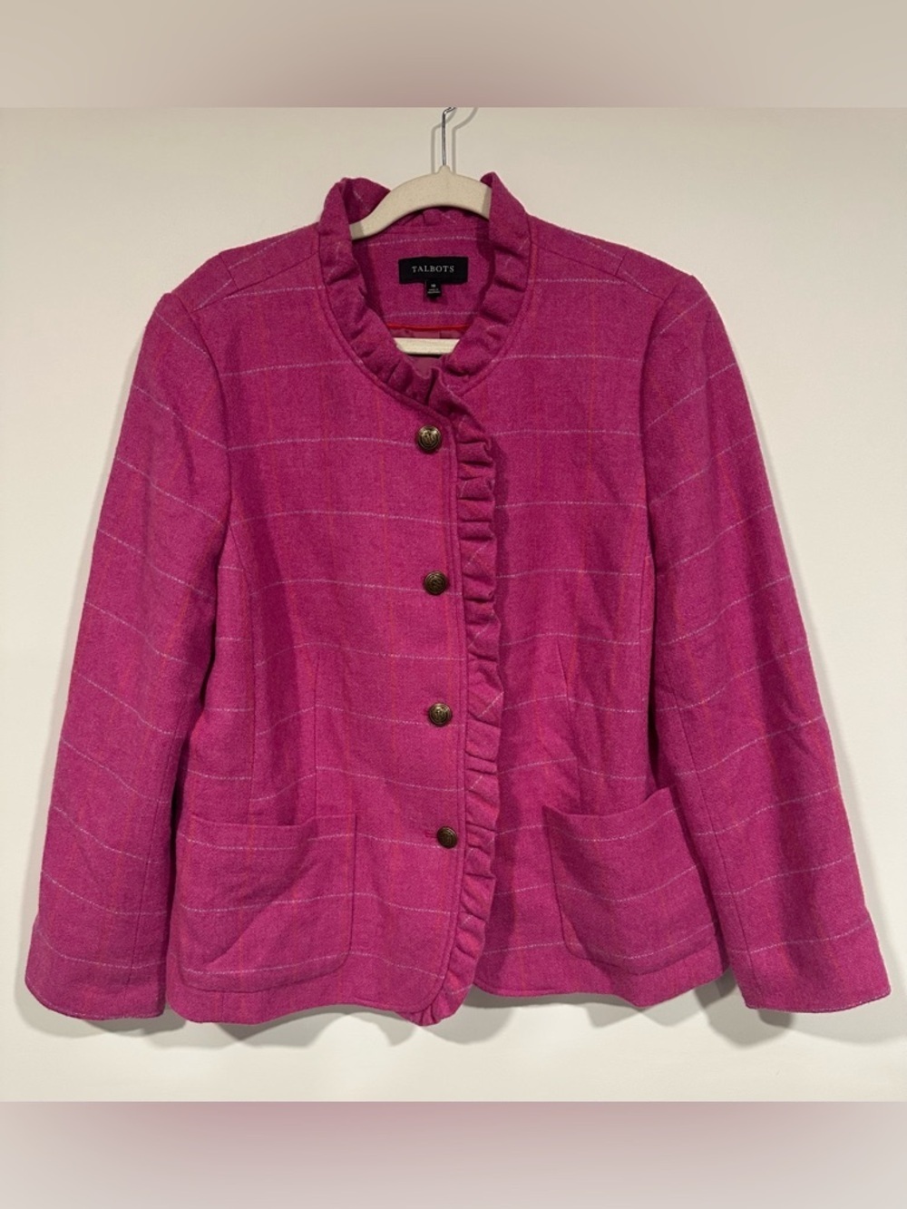 Talbots Wool Jacket Blazer size 18 Pink Plaid Button Up Peplum Ruffle Trim